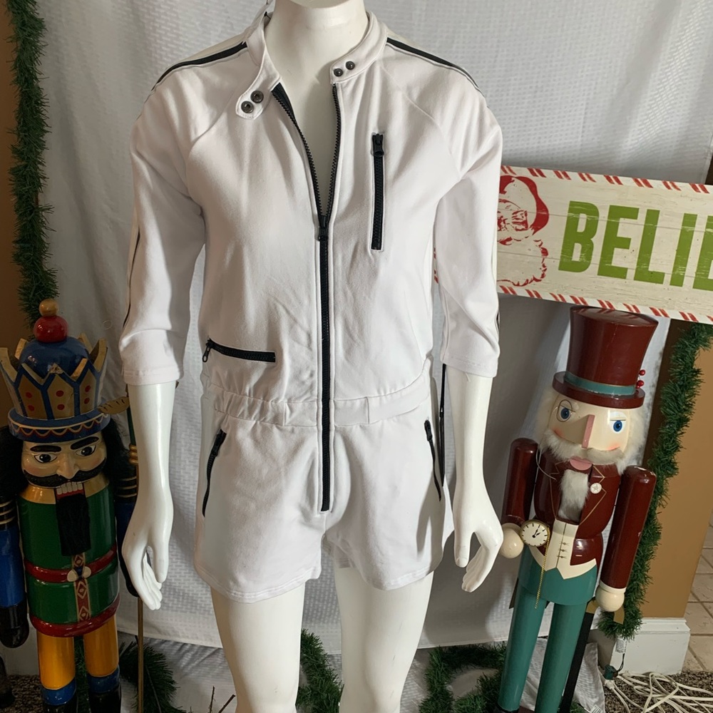 Blanc noir white with black trim one piece sporty romper short set. Zipup Size M